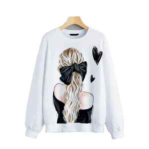 เสื้อสเวตเชิ้ตคอกลมสีขาวพิมพ์ลายผมบลอนด์และโบว์สีดำแขนยาวสวมใส่สบายๆในฤดูใบไม้ร่วงสำหรับผู้หญิงทรงปกติขนาดพลัสไซส์ - Product Image 1