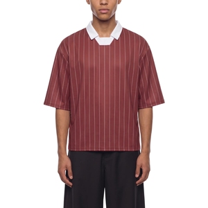 เสื้อรักบี้ชาย สีแดงเลือดหมู ลายทาง คอปกสีขาว ทรงโอเวอร์ไซส์ เสื้อกีฬาขายส่ง - Product Image 1