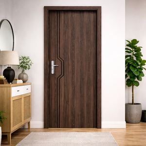 Puerta Interior de Diseño Moderno con Núcleo Sólido de Madera de Nogal, Revestimiento de PVC Laminado, MDF y Tiras Metálicas Resistentes a la Humedad - Product Image 1