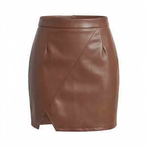 Women High Waist Faux Leather Mini Skirt <b>Asymmetrical</b> Design With Slit Solid Color Shiny Style All Seasons Wear - Product Image 1