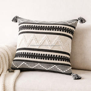 Luxury Boho Zigzag Pattern Pillowslip with Tassel Washable Black & White Moroccan Wool Designer Bohemian Pillowcover - Product Image 1