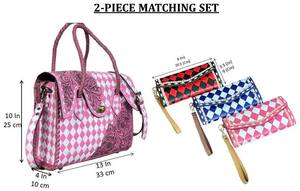 Ensemble de 2 pièces assorti : Sac fourre-tout en cuir à carreaux rose et blanc de luxe 2026 et pochette à main en cuir de vache travaillé à la main - Product Image 2