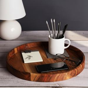 Round Acacia Wood Tray Coffee <b>Table</b> Tray Ottoman Tray Decorative Kitchen <b>Table</b> Organizer & Home Décor <b>Vanity</b> Catchall Tray - Product Image 6