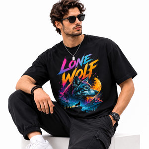 Camiseta Negra para Hombre con Estampado de Lobo Solitario, Manga Corta, Cuello Redondo, Corte Regular, Estilo Hip Hop, 100% Algodón Jersey, Impresión por Transferencia de Calor, Transpirable - Product Image 2