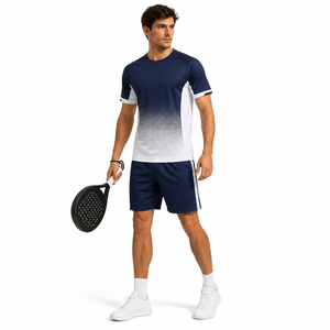 Conjunto de Camiseta y Pantalones Cortos de Pickleball para Hombre, Color Azul Marino y Blanco con Degradado Estampado por Sublimación, Transpirable, de Secado Rápido, Cintura Elástica, Ajuste Atlético - Product Image 1