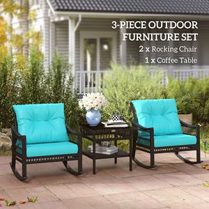 Set di 3 Sedie a Dondolo in Rattan PE Verde Turchese per Esterni con Piano in Vetro Temperato per Giardino - Product Image 4