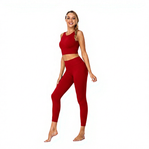 Women 2 Piece Yoga Set High Waisted Full Length Leggings Solid Color Racerback Sleeveless <b>Lace</b> <b>Elastic</b> Waist Front Workout Wear - Product Image 4