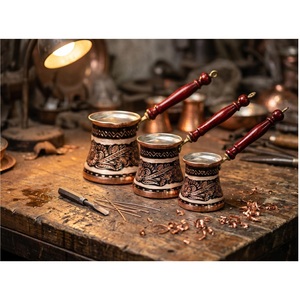 Cafetière Cezve florale anatolienne en cuivre argenté avec intérieur en cuivre et poignée tournée en bois de cerisier - Product Image 1