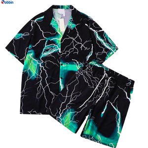 Trajes de punto estilo hip hop para hombre, cómodos y transpirables, colección de verano, camisa con botones personalizada, pantalones cortos de playa +Talla grande - Product Image 3