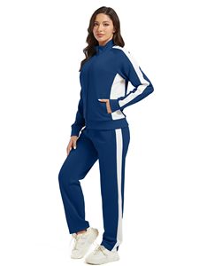 Survêtement pour femme, bleu et blanc, à blocs de couleur, avec sweat à capuche zippé et pantalon, style sportif décontracté, avec poches latérales, pour l'automne - Product Image 6