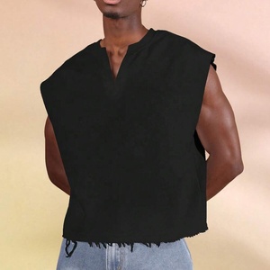 Custom <b>Men's</b> Sleeveless V-Neck <b>Crop</b> <b>Top</b> Jersey Knitted Black Oversized Casual Raw Hem Boxy Fit Solid Color Street Eco-Friendly - Product Image 1