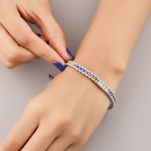 Women's Rhodium Plated Alloy <b>Bracelet</b> With Princess Cut <b>Crystal</b> Rhinestones Channel Set Geometric Design Party Jewelry - Product Image 3