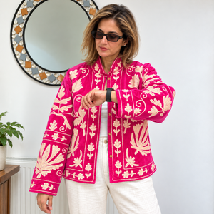 Blazer Reversible de Mujer, Estilo Boho Vintage, Tejido de Terciopelo Rojo, Bordado, Cuello Redondo, Manga Larga, Algodón Grueso, Diseño Floral - Product Image 3