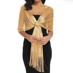 Bufanda con borlas de hilo dorado para mujer, bufandas plateadas con purpurina de lujo, chales de fiesta simples a la moda para mujer, 160*50cm