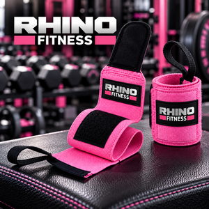 สายรัดข้อมือลายทางสีชมพู Rhino Fitness ทำจากผ้าฝ้าย พร้อมแถบตีนตุ๊กแกสำหรับยกน้ำหนักและออกกำลังกายในยิม - Product Image 1