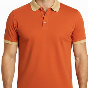 เสื้อโปโลชายสีส้มไหม้ขายดี คอปกสีทองตัดกัน ทรงเข้ารูป แขนสั้น สำหรับตีกอล์ฟ - Product Image 2