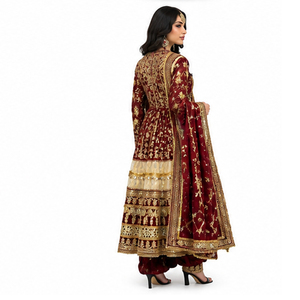 Traditional Indian Pakistani Women's Maroon <b>Gold</b> Afghan Kuchi Dress Floor Length Wedding Ethnic Wear Afghan Kuchi Dress - Product Image 2