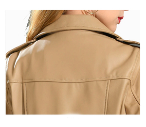 Chaqueta de Motociclista de Cuero PU Color Bronceado para Mujer, con Cierre de Cremallera, Cuello Camisero, Manga Larga, Estilo Otoñal - Product Image 6