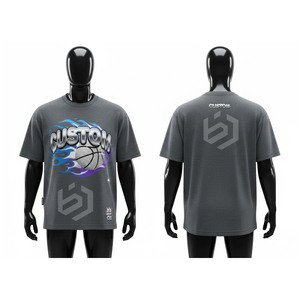 เสื้อยืดแขนสั้นสีเทาพิมพ์ลายบาสเก็ตบอล คอกลม สไตล์ลำลองสำหรับผู้ชาย - Product Image 2