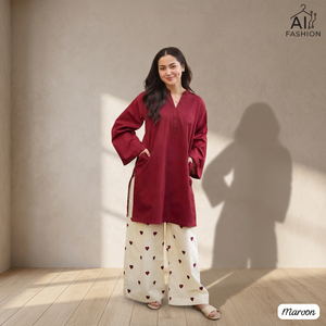 Maroon <b>Kurti</b> With Heart Printed Palazzo Pants Loose Fit Ankle-Length Casual <b>Indian</b> Pakistani Wear All Seasons - Product Image 1