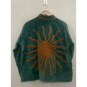 Emerald <b>Velvet</b> Mandarin Collar <b>Jacket</b> With Hand Embroidered Sun Design Full Sleeve Autumn Wear - Product Image 5
