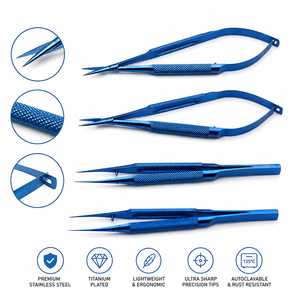 Ensemble de micro-ciseaux ophtalmiques Castroviejo approuvé CE |   Instruments chirurgicaux ophtalmiques réutilisables en acier inoxydable pour la microchirurgie - Product Image 1