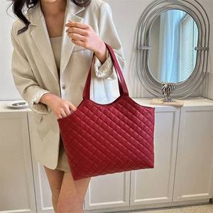 Women's Genuine Leather Quilted Diamond Lattice Tote Bag Open <b>Top</b> Closure Large Capacity Shoulder Strap Handbag for Business - Product Image 1