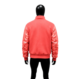 Veste universitaire corail pour homme avec manches en cuir PU, col rabattu décontracté, coupe régulière, pour l'automne – Veste élégante à boutons-pression, style athlétique - Product Image 2