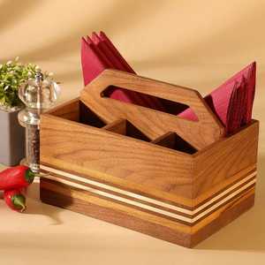 4 Compartment Wooden Flatware Organizer With Center Handle Striped Inlay Utensil Caddy <b>Tabletop</b> Napkin Silverware Holder - Product Image 1