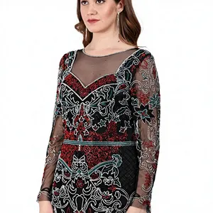 Robe de soirée longue de luxe à manches longues, élégante, avec encolure en maille, richement ornée de perles et de sequins, robe longue vintage brodée pour bal et soirée - Product Image 6