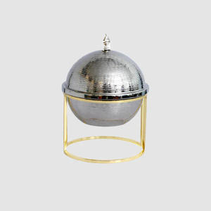 Luxury Stainless Steel Hammered Casserole Dish <b>Wood</b> Grain Conical Lid with Floral Mother of Pearl Inlay & Silver <b>Finial</b> - Product Image 3