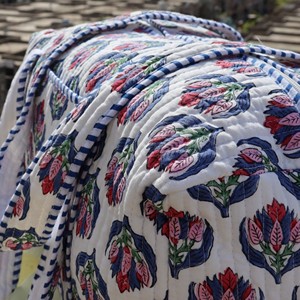 Vintage Quilted Floral <b>Duffel</b> <b>Bag</b> With Blue Stripe Handles Portable Travel Weekender For Men Women Casual Use - Product Image 2