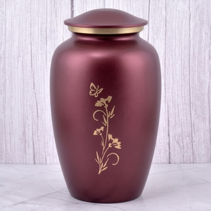Urna Funeraria de Latón Morado para Adultos con Diseño Floral y de Mariposas, Acabado Mate para Cenizas Humanas, Urna Conmemorativa para Entierro - Product Image 1