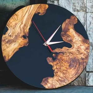 Luxury Charcoal Black Epoxy Resin <b>Wall</b> <b>Clock</b> Smoke Effect Live Edge Olive Wood Round Silent Watch for Industrial Room <b>Decor</b> - Product Image 1