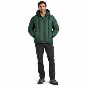 Chaqueta de Plumón para Hombre, Acolchado de Canales Anchos, Verde Bosque, con Capucha, de Nailon, Relleno de Plumón, Ligera, con Logotipo Personalizado, OEM, Venta al Por Mayor - Product Image 1