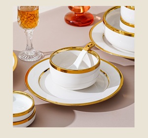 Polished White Ceramic Porcelain Dinnerware Set Two-tone Gold Rim Glossy Surface Bpa-free Luxurious Simplicity Leak-<b>proof</b> - Product Image 3
