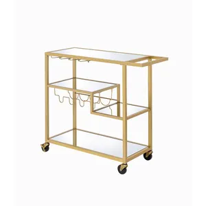 Premium Handmade Metal Beverage Display Cart with Gold Finish Glass Shelves Bottle <b>Rack</b> Smooth Rolling Wheels Elegant Handmade - Product Image 4