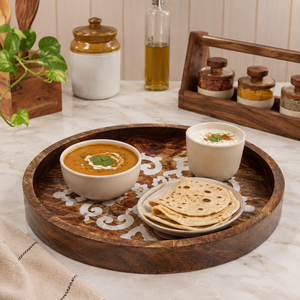 Round Wooden Bone Inlay Serving Tray | Handmade Decorative Tray Rustic Home Decor Coffee Table Tray | Kitchen Dining Tray <b>Gift</b> - Product Image 1