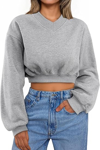 Sudadera Corta Gris Personalizada para Mujer, Sudadera con Cuello en V, Manga Larga, Apliques Bordados, Sudadera Estética a la Moda - Product Image 4