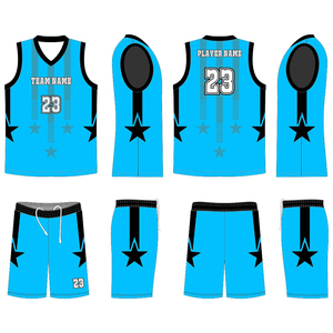 Ensemble de maillots de basket-ball sublimés personnalisés, bleu, noir, étoiles, col en V, sans manches, évacuation de l'humidité, vêtements de sport unisexes pour adultes - Product Image 1