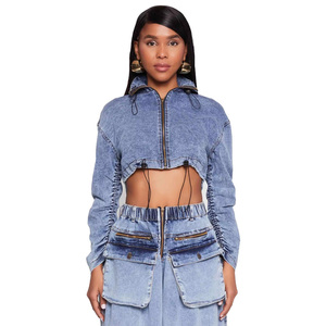 Wholesale Custom <b>Denim</b> <b>Cropped</b> Waterproof <b>Jacket</b> Zipper Closure Full Sleeve Turn-down Collar Utility Style Winter Autumn Women's - Product Image 3