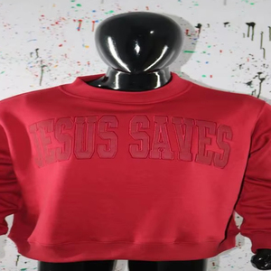 Jesus saves เสื้อสเวตเชิ้ตคอเสื้อแดงแบบ100% ปักลายแถบกว้างสีแดง - Product Image 1