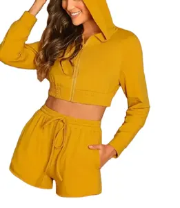 Oem bán buôn nhãn hiệu riêng phụ nữ biểu tượng tùy chỉnh đồng bằng hoodie đầy đủ mặt cắt dây kéo Áo Hoodie Quần 2 miếng thiết lập