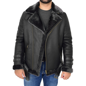 Chaqueta de Aviador de Piel de Oveja de Alta Calidad, Negra, Resistente al Viento, Gruesa, Ecológica, la Más Vendida para Hombre - Product Image 1