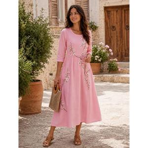 Multi Color Handmade A-Line Maxi <b>Dress</b> Three Quarter Sleeve O-Neck 100% Cotton Eco-Friendly Breathable Party Summer <b>Romantic</b> - Product Image 4