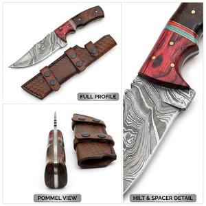 Couteau utilitaire d'extérieur personnalisé en acier Damas fait main, manche en bois de Pakka rouge et noyer, étui en cuir à double sangle, personnalisable OEM - Product Image 6