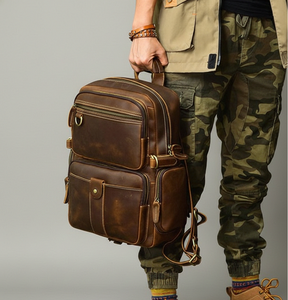 Mens Fashion Genuine Leather Backpack Business Travel Hiking <b>Rucksack</b> with Zipper Closure <b>Waterproof</b> Laptop Backpack - Product Image 2