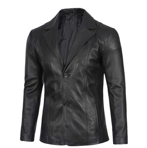 Men Black <b>Leather</b> <b>Blazer</b> Double Breasted Notched Collar Regular Fit Full Length Sleeve British Style <b>Jacket</b> - Product Image 1