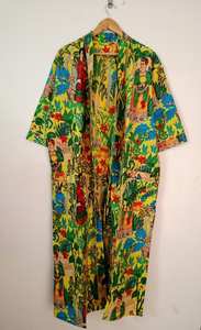 Lightweight Cotton <b>Kimono</b> Robe Featuring Traditional Block Floral Print For <b>Women</b> Night Wear And Easy Home Relaxation - Product Image 6