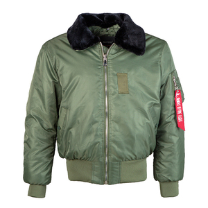 Blouson bomber vert olive pour homme avec col en fausse fourrure, fermeture éclair, manteau d'hiver décontracté, coupe classique, couleur unie, logo sur la manche gauche - Product Image 1